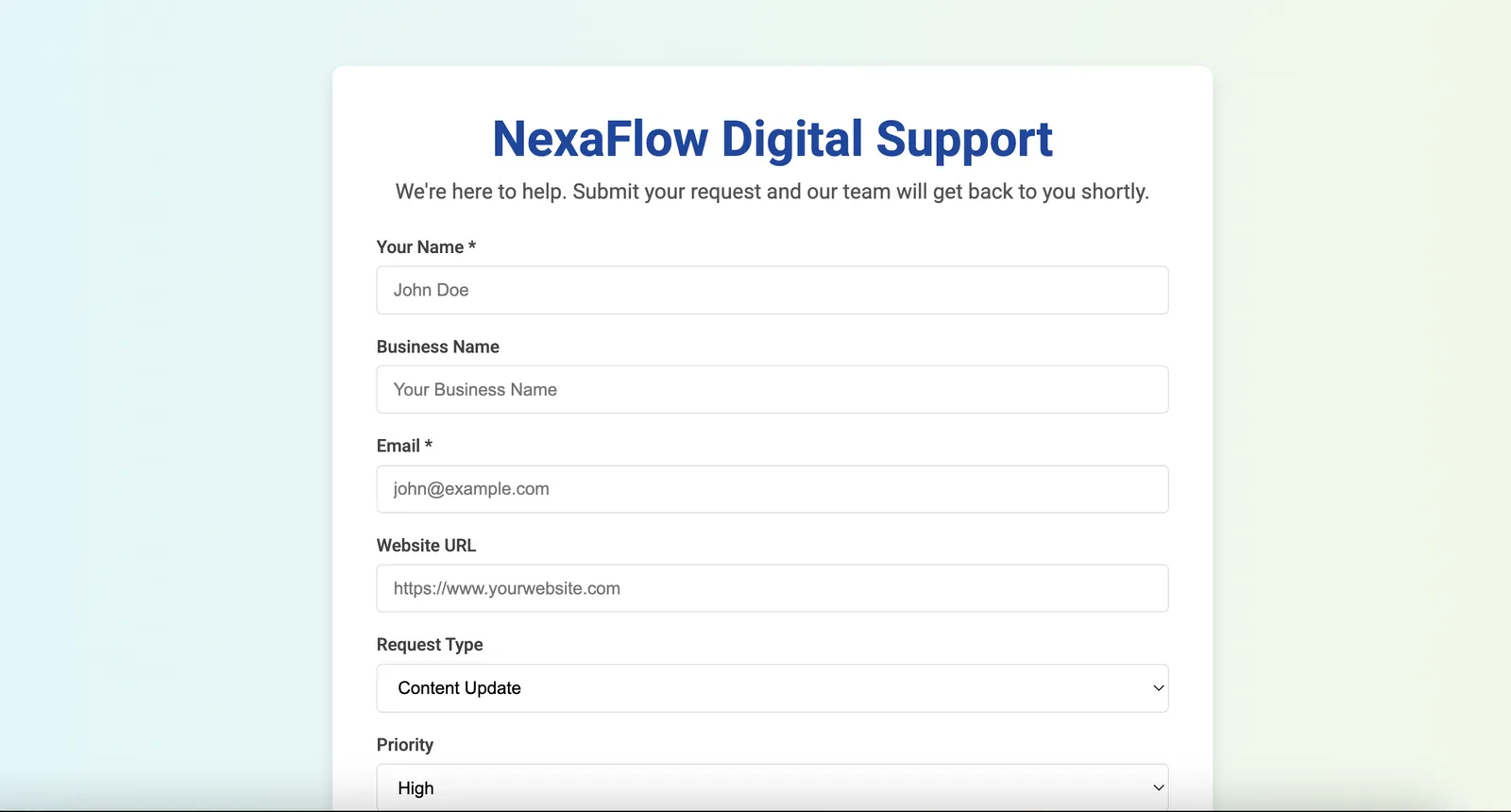 Help desk request form built by NexaFlow Digital