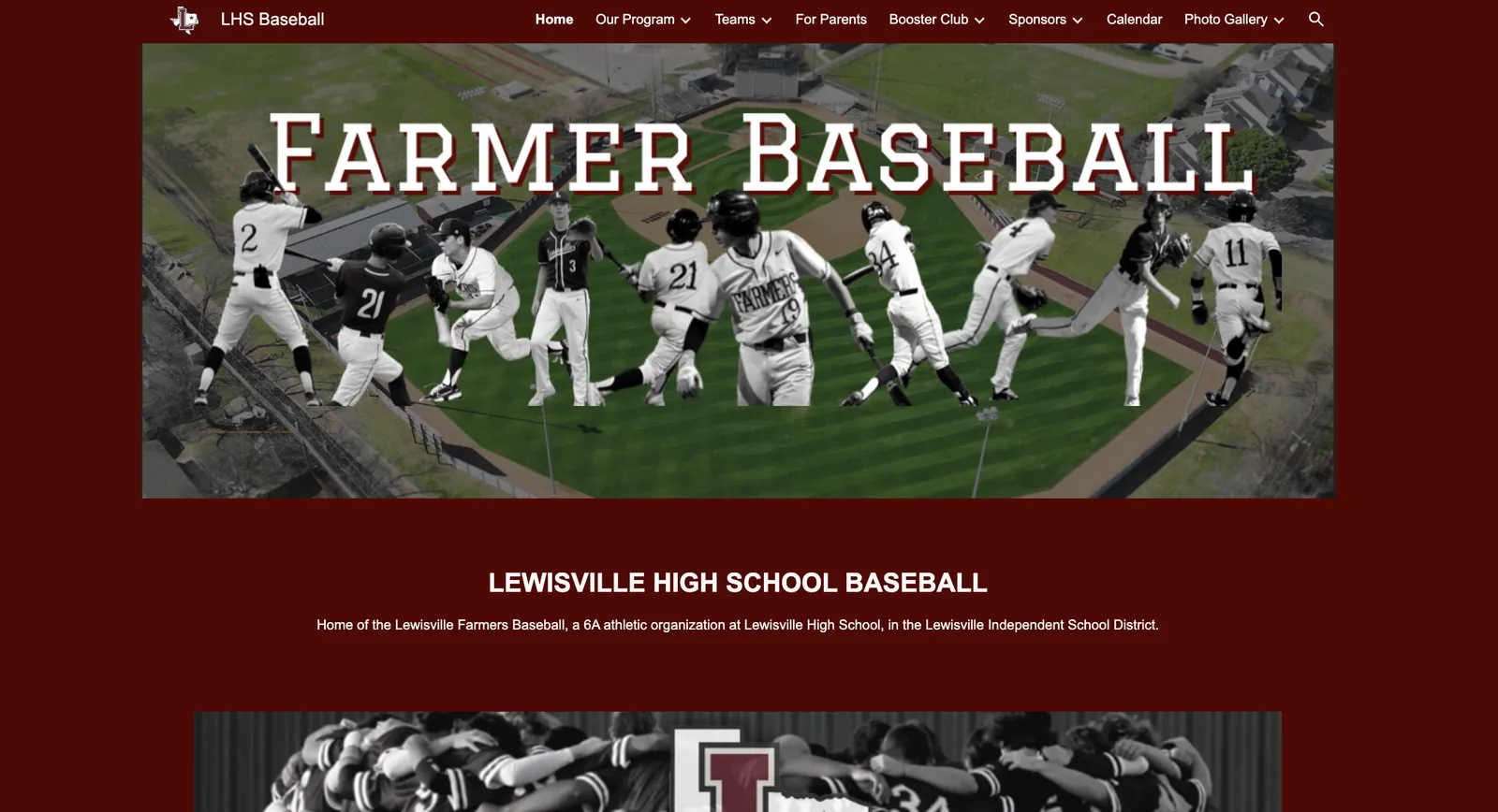 Lewisville Baseball website homepage with team photo banner