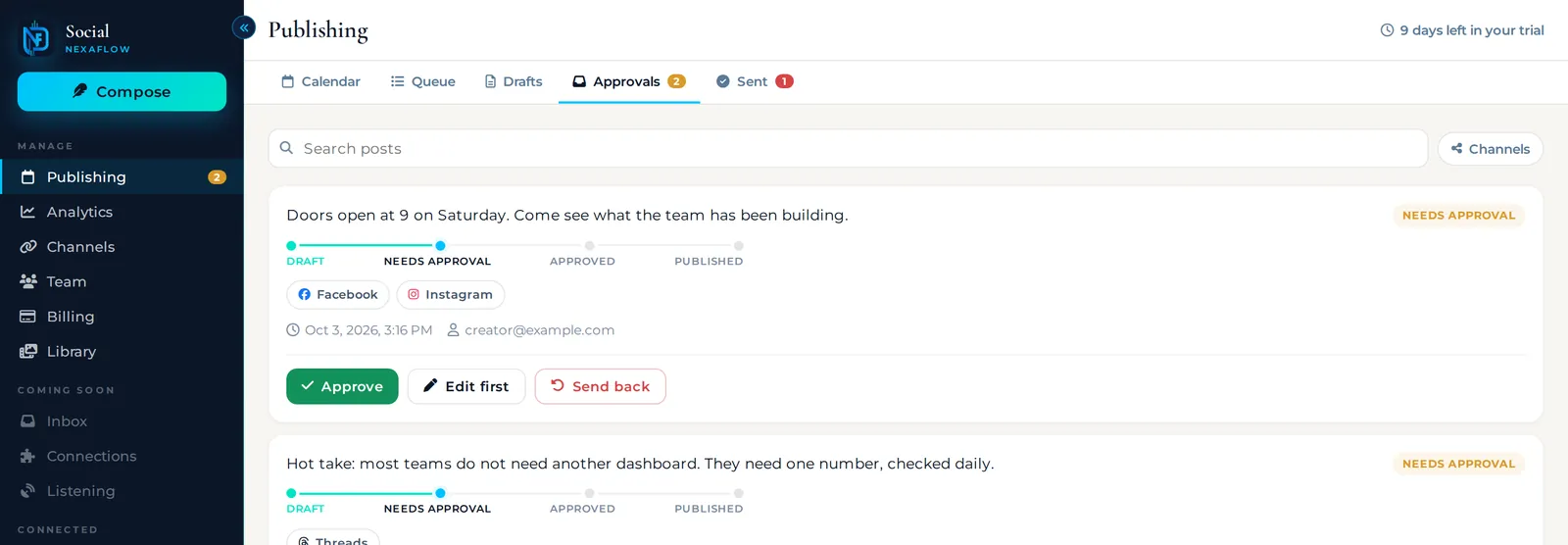 Approval queue showing posts moving from draft to needs approval to published