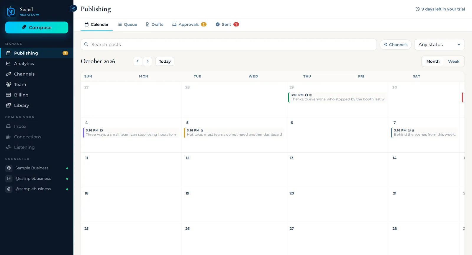 Social app publishing calendar using the NexaFlow Digital navy and cyan brand colors
